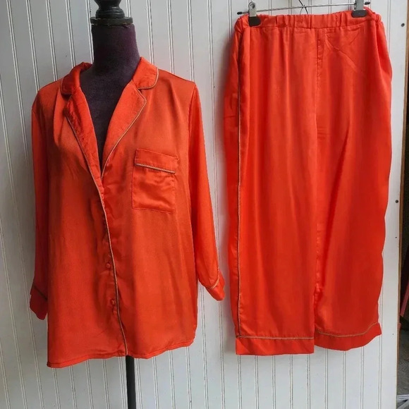 MINAA MONROE 2PC Orange Beige Button Shirt Pants Womens SET Lighweight XL - Picture 1 of 16
